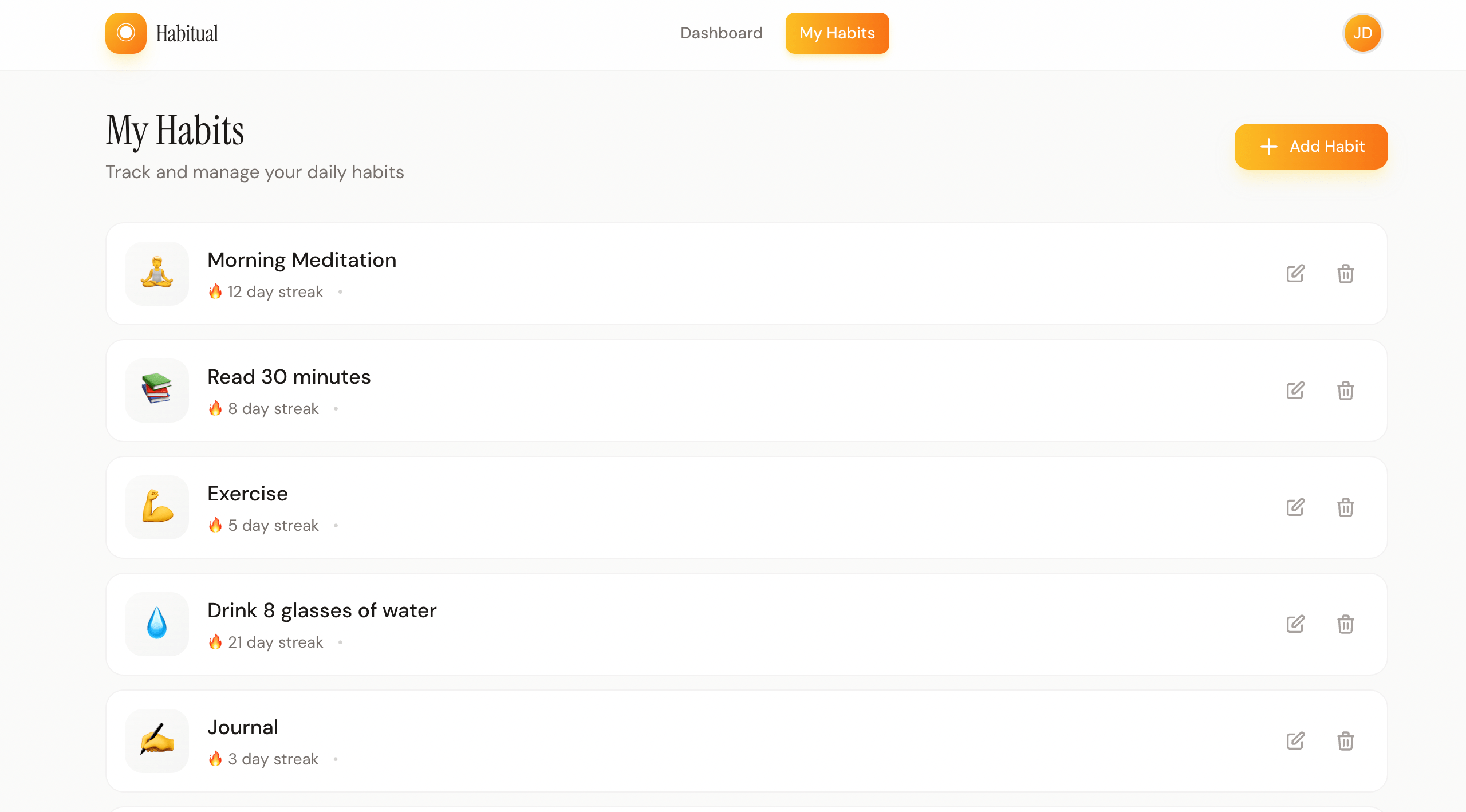 Completed habits management page with list, form, and edit modal