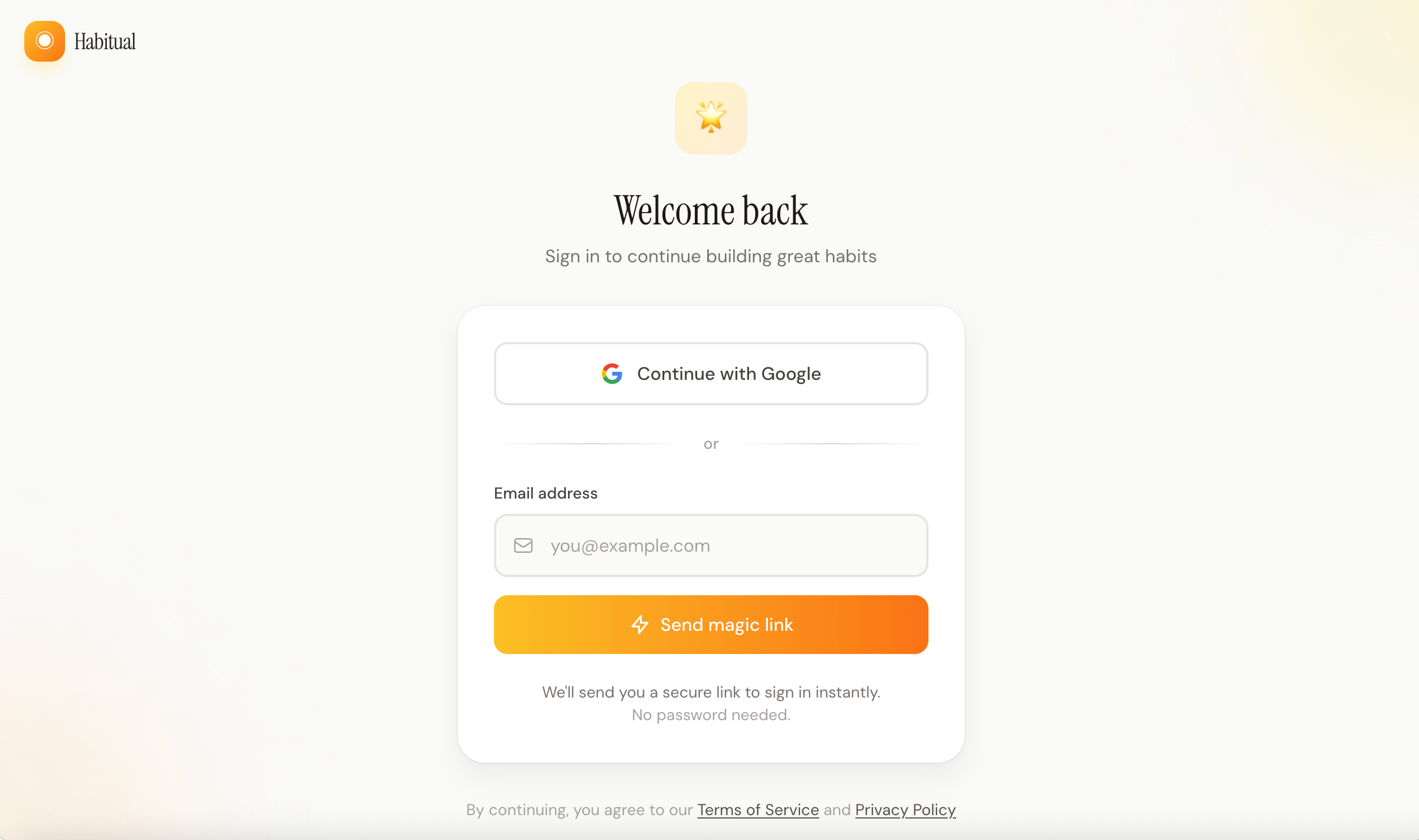 Login page with Google OAuth button and Magic Link email input